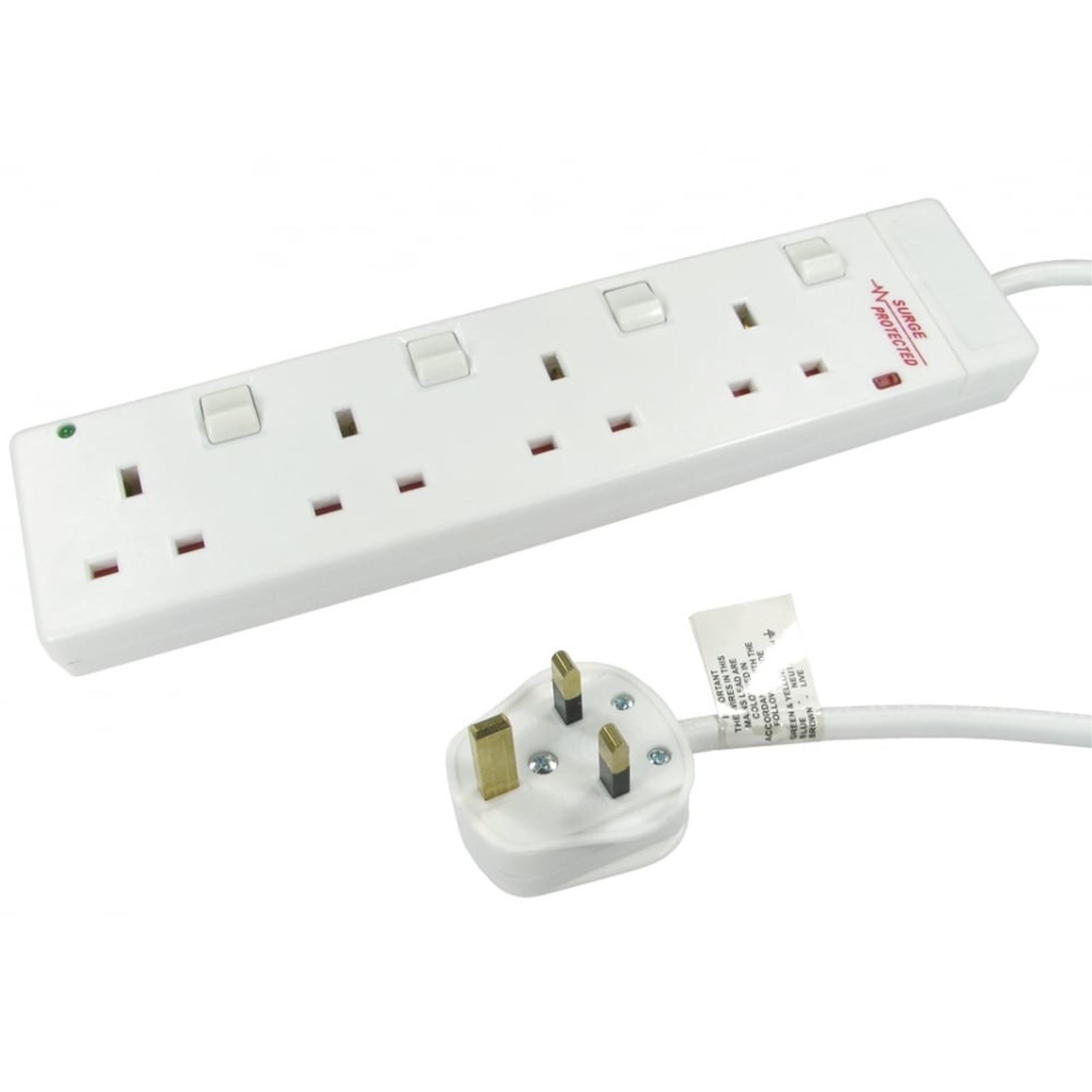 2m 4 Gang Surge Protected LED Indicator Individually Switched UK Mains Extension – White