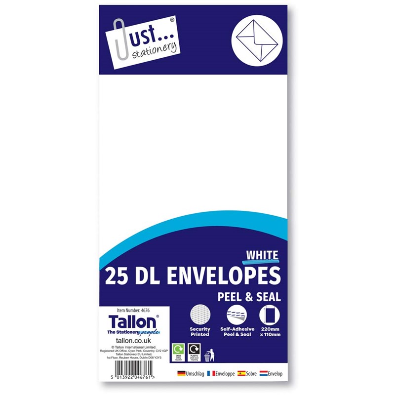 Envelopes 25 x DL White, Peal & Seal, 80gsm