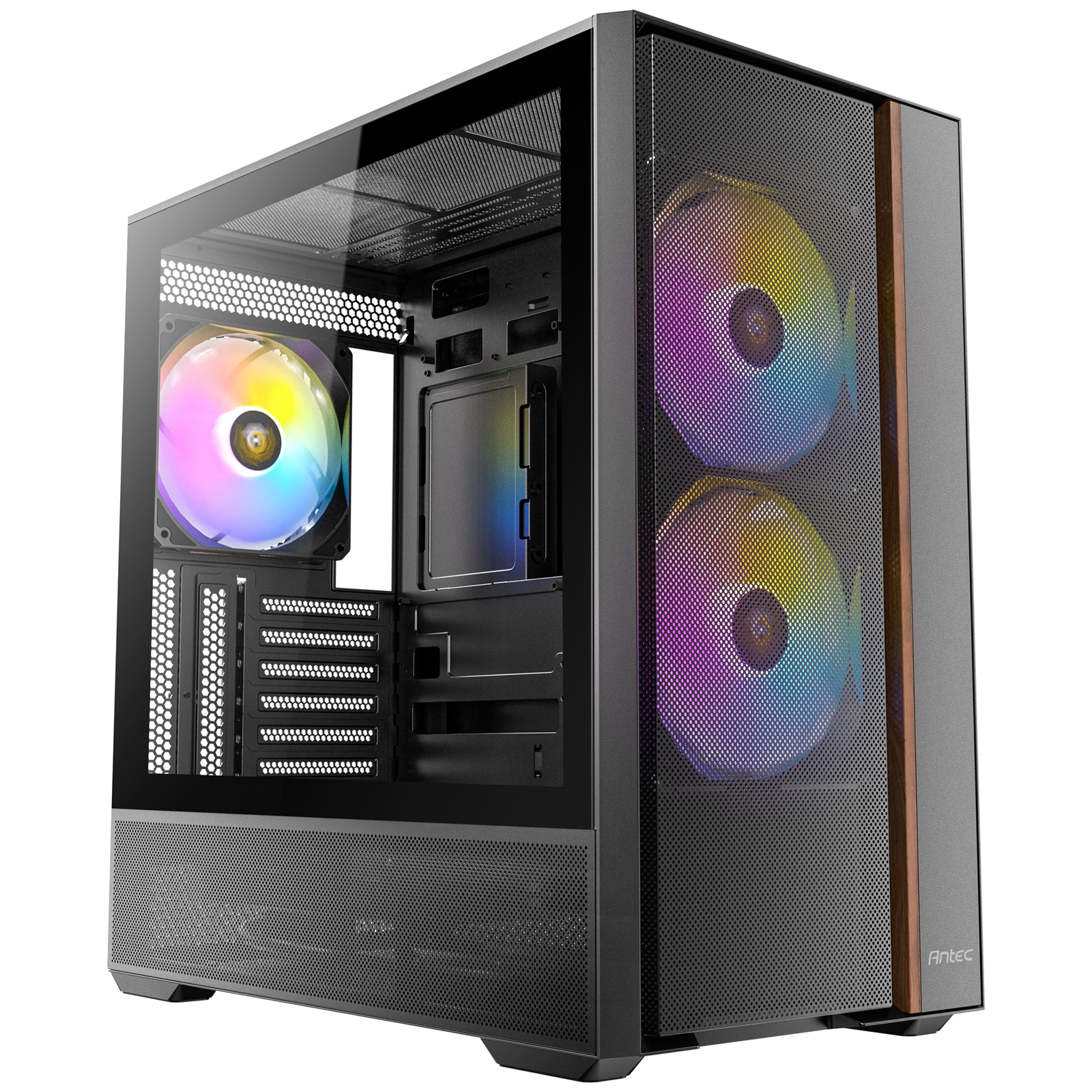 Antec FLUX Rear Mid Tower PC Case – Tempered Glass, Steel/Plastic/Wood, 5 PWM Fans, USB-C, ATX/Micro-ATX/ITX Compatibility