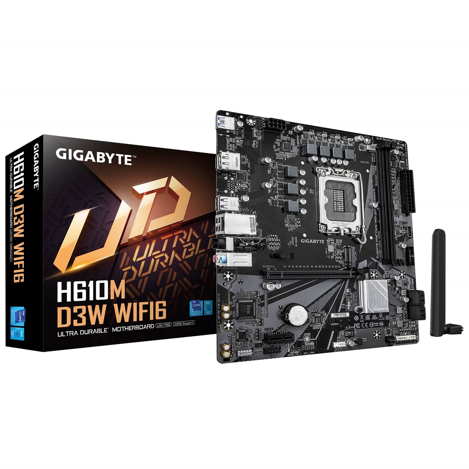 Gigabyte H610M D3W WIFI6 (Rev. 1.1) Intel 1700 Socket Motherboard, Micro-ATX, 2x DDR5 Slots, 1x M.2 Socket, GbE LAN, WiFi 6, 1x DisplayPort / 1x HDMI Port
